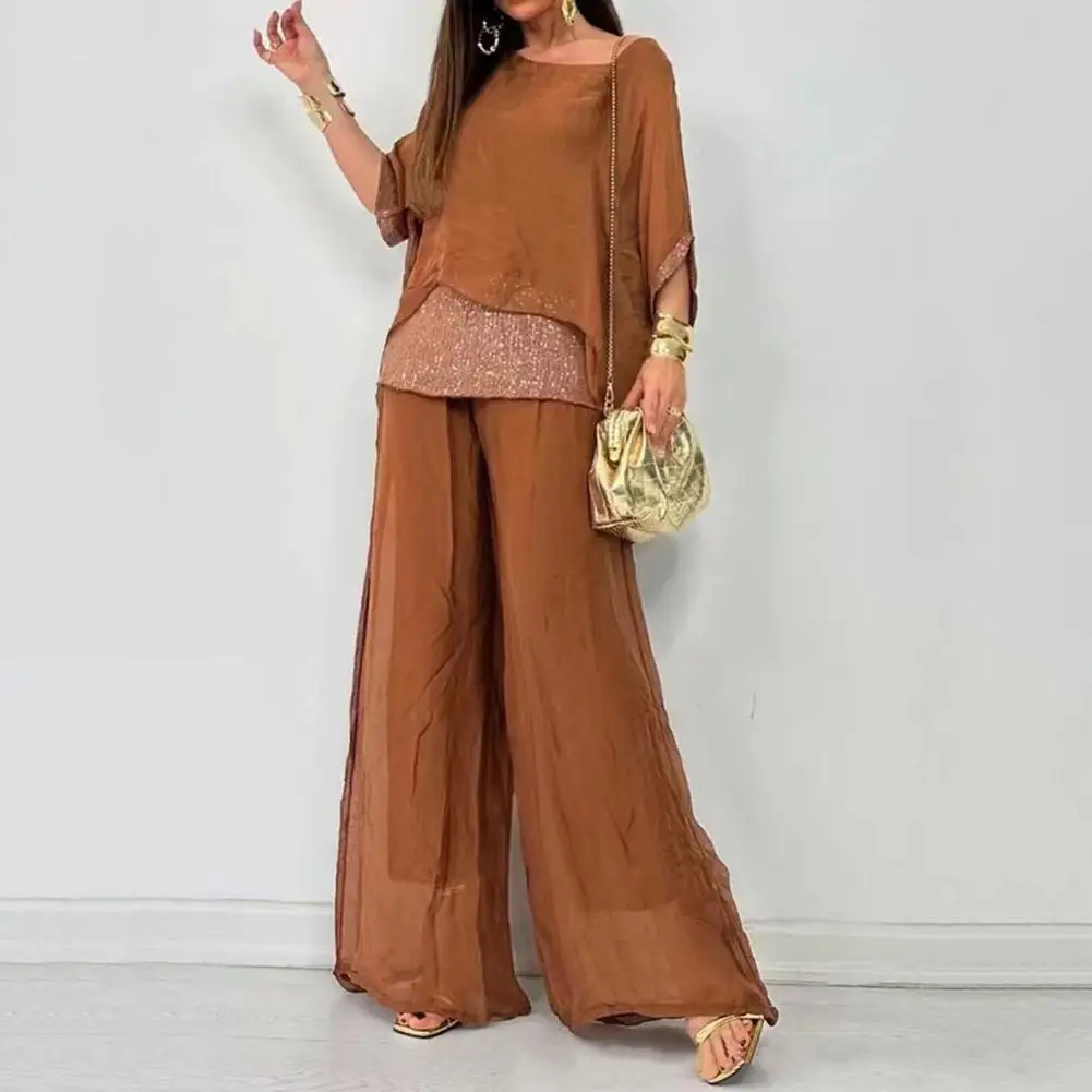 Sequined Colorblock Elegant Two-piece Set Loose Women Casual Round Neck Bat Sleeves Sequined Blouse Wide Leg Pants Matching Sets