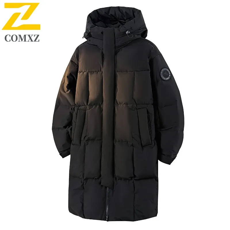 

COMXZ Men Long Down Jacket Hooded Outdoor Climbing Wind Resistant Warm Parka Pure Color Design Light Windproof Winter Coats