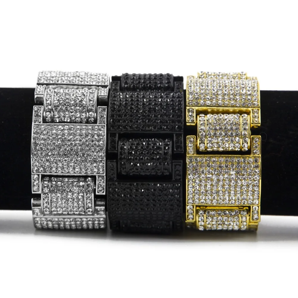Men Women Hip hop Wide I Square Cross Shape Rhinestone Bracelet Bangle Bling Imitation Stone Chains Link Wristbands Fine Jewelry