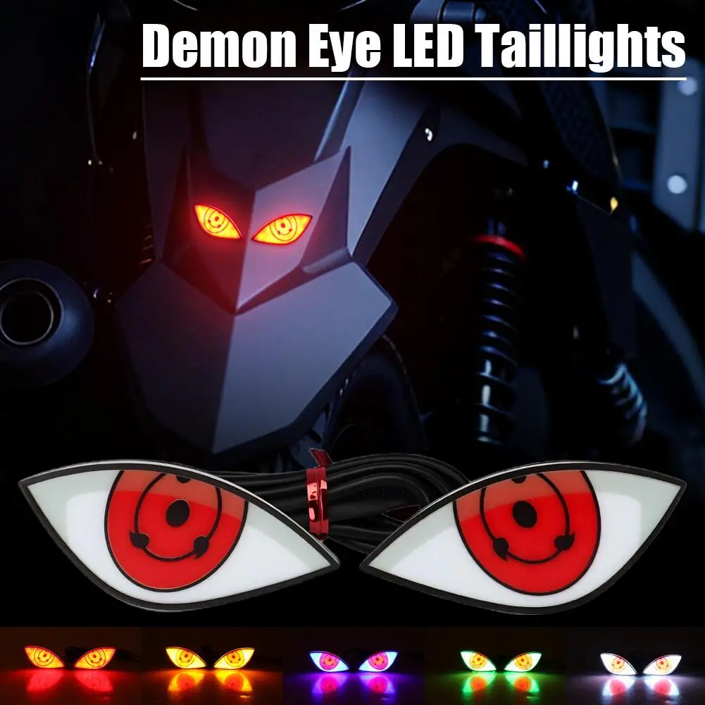 1pair Motorcycle LED Devil’s Eye Rear Taillight Decorative Light Classic Anime Eye License Plate Lamp Red Blue Strobe Indicator