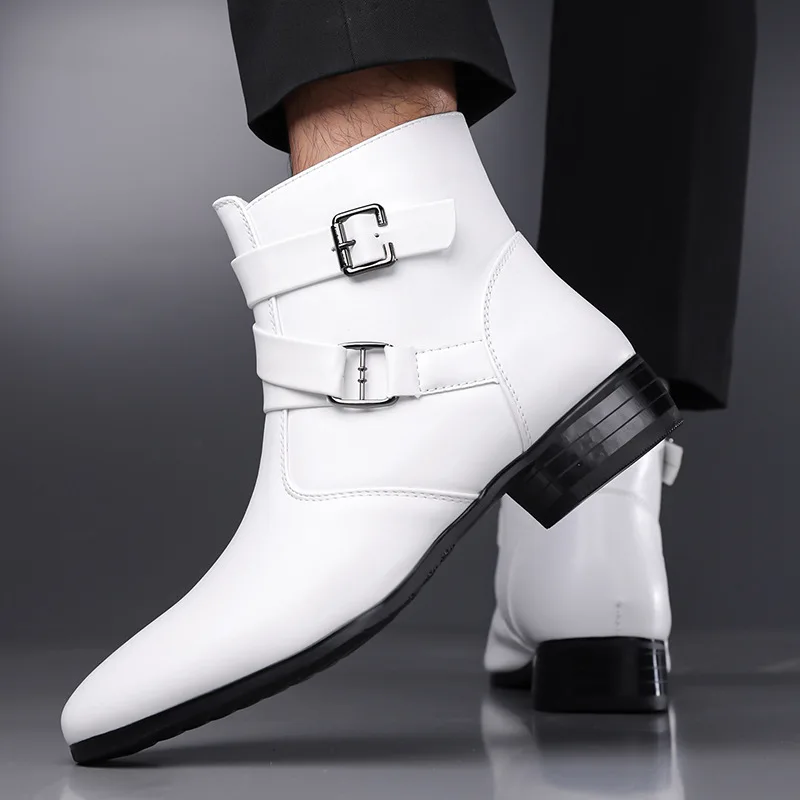 2026 Leather Chelsea Boots Men Designer Autumn New Dress Boots Men Casual High Top Buckle Strap Formal Shoes Men Motorcycle Boot