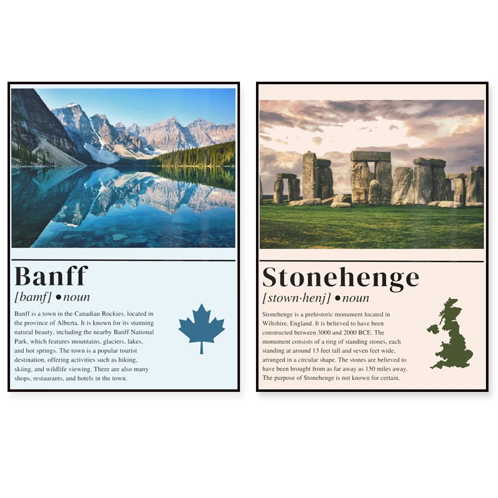 Banff National Park, New Jersey scenery, Stonehenge, Madeira, Portugal, Kazakhstan, Prague, Rome, Sardinia travel posters