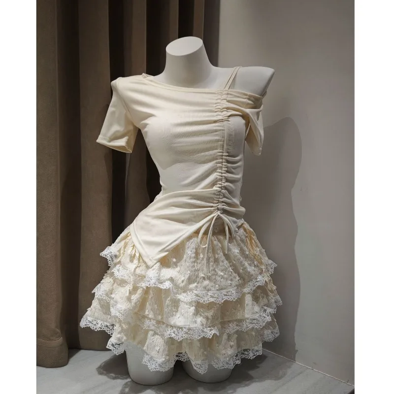 

Sweet Cake Midi Skirt Puff Skirt 2-Piece Set Lace Slim V-Neck Drawstring Short Sleeves Top Skirt Set Women Y2K Clothes Suit