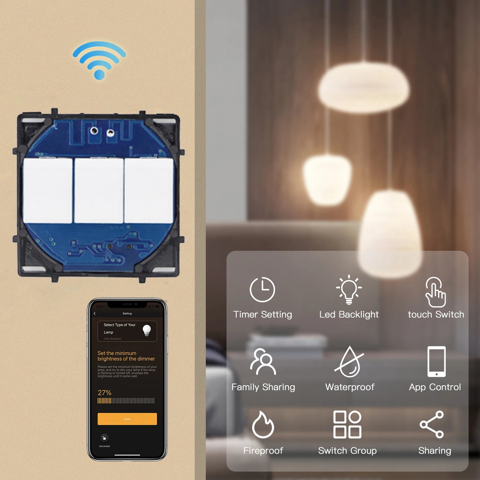 BSEED Wifi Smart Dimmer Switch 1/2/3Gang Touch Light Switch funzione parte Tuya Smart Life Control pannello in vetro combinazione libera fai da te