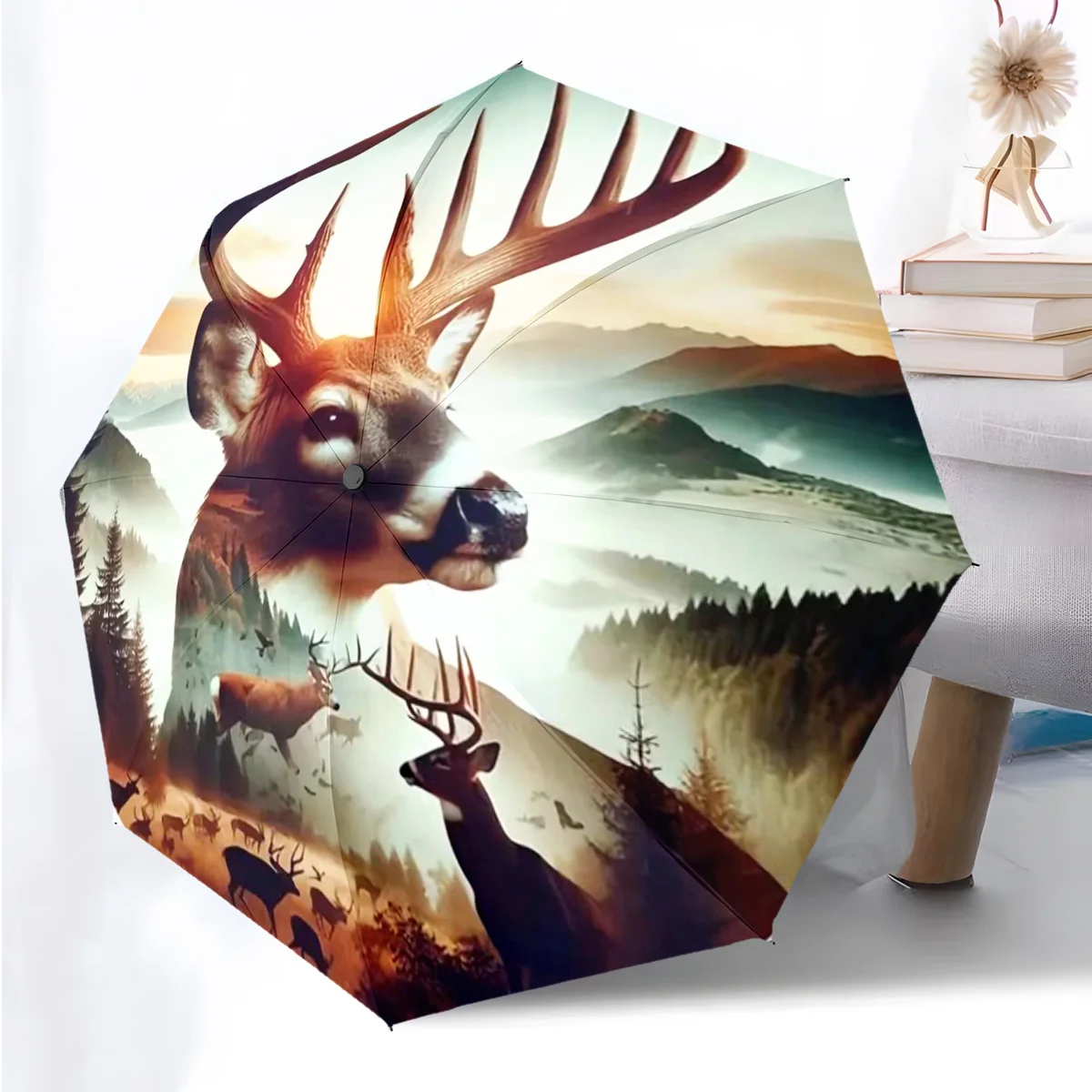 

1pc Automatic Folding Umbrella | Deer and Nature Landscape Pattern, Portable and Foldable Design for Travel, Outdoor Use, Idea