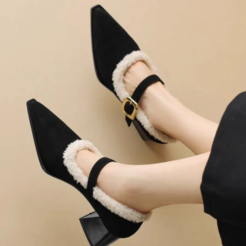 

Winter Women Shoes Leather for Woman Pointed Toe Kitten Heel Fluffy Pumps Solid Warm Plush Shoe Fashion Cusp Sexy High Heels