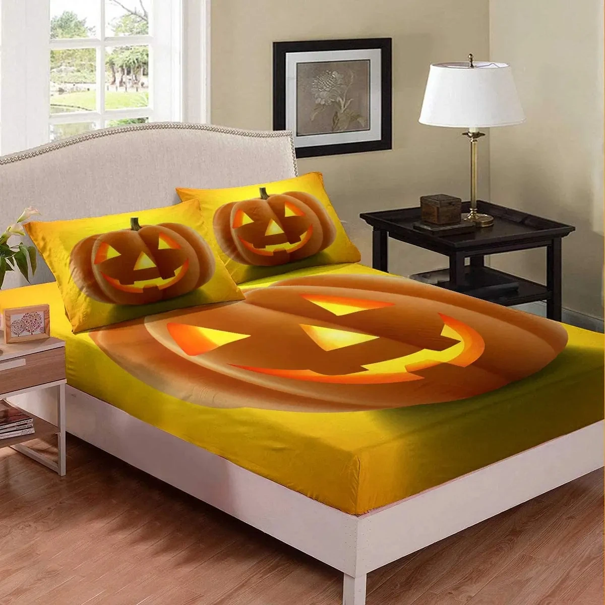 Pumpkin Lantern Fitted Sheet Halloween Bedding Set Gothic Horror Theme Food Plant Bed Cover with 2 Pillow Shams Twin King Size