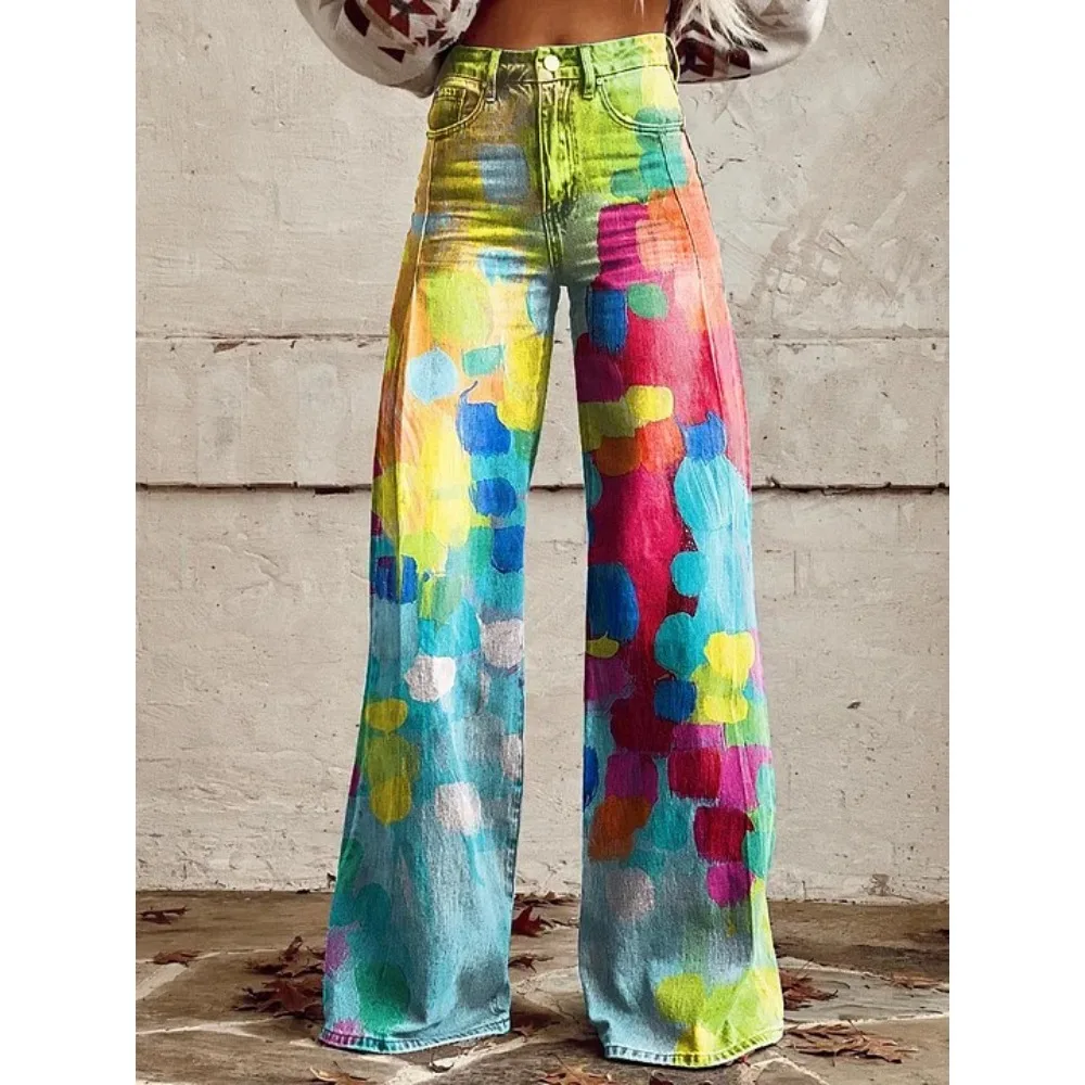Harajuku Bohemian Art Print Palazzo-Hose mit hoher Taille und weitem Bein, Baumwolle, lässige, locker sitzende Hose mit Taschen, Damen-Punk-Hose – Detail 9