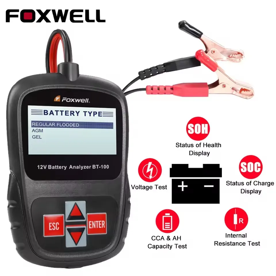 FOXWELL BT100 PRO 12V Car Motorcycle Battery Tester Charging Cranking Circuit Test Battery Diagnostic Analyzer Inspection Tools