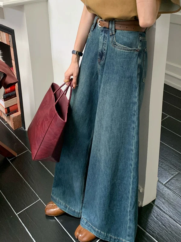 Damskie jeansy z wysokim stanem i szerokimi nogawkami, retro, luźny krój, maskujące niedoskonałości, długie spodnie, uniwersalne dżinsy denimowe na każdą porę roku.