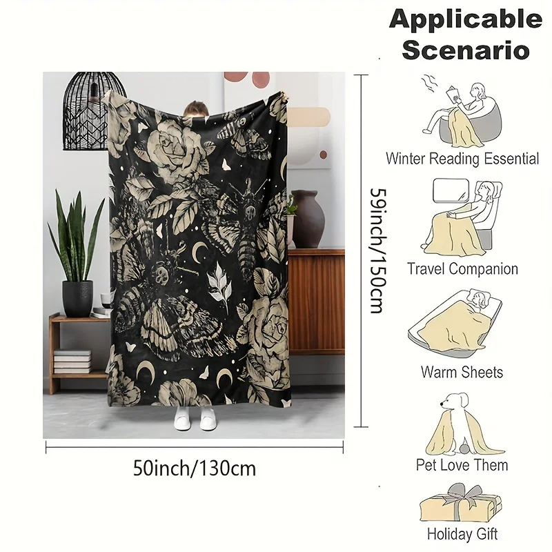 Gothic Insect & Flower Black Print Art Blanket - Soft All-Season Multi-Purpose Throw for Sofa, Bed, Chair, Nap & Holiday Gift