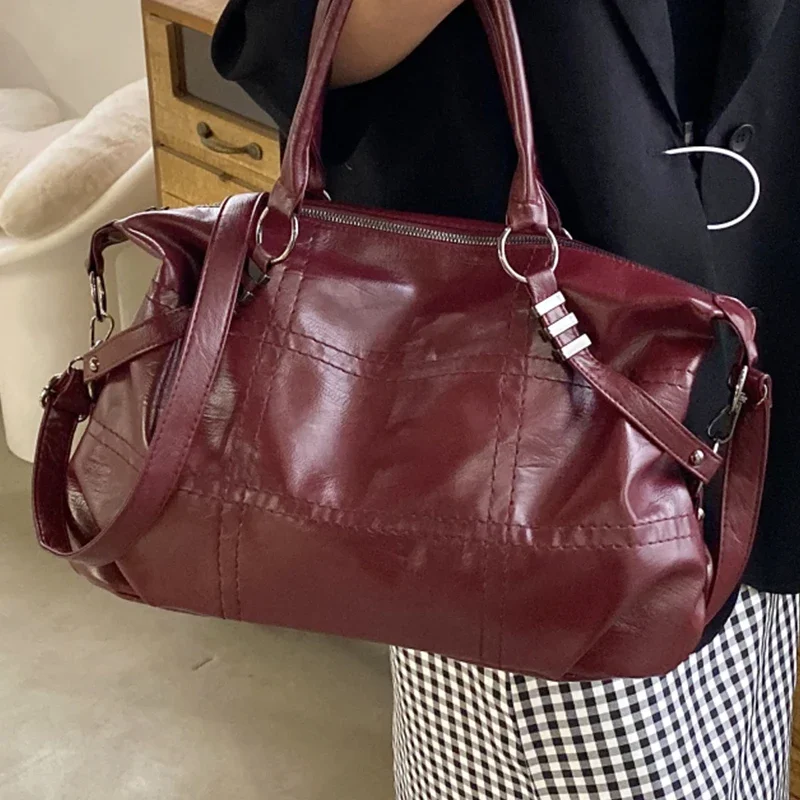 Wine Red Handbag for Women Large Capacity Pu Leather Ladies Armpit Shoulder Bags Sewing Thread Pattern Female Hobo Crossbody Bag