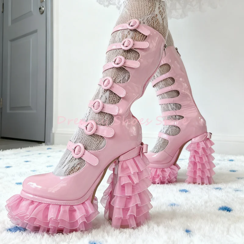 

Pink Ruffle Buckle Platform Knee High Boots Women Back Zipper Hollow Chunky Heel Boots New Sweet Fashion Party Prom Lolita Shoes