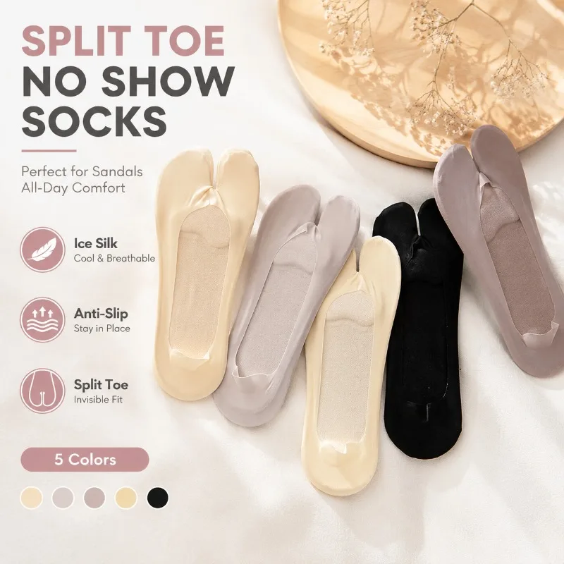 Women Ice Silk Two-Toe No Show Socks Split Toe Low Cut Invisible Hosiery Non Slip Heel Grip Thin Breathable Casual Daily Walking