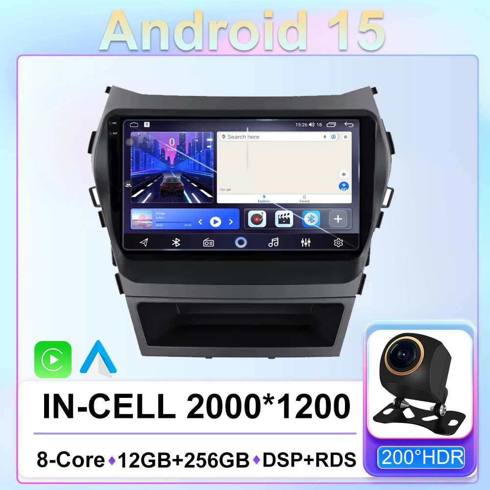 

9''for Hyundai Santa Fe 3 2013 - 2016 Android 15 Car Bluetooth Multimedia CPU Radio Video Player GPS QLED Touch Screen 2din DVD