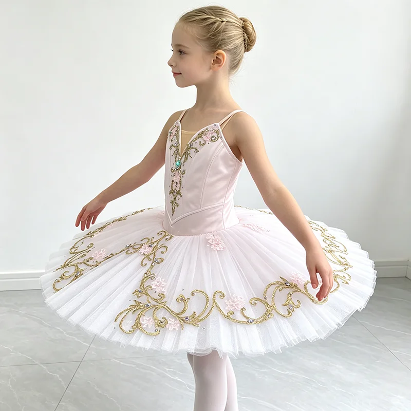 Women light pink satin V-neck spaghetti strap corset professional tutu ballet costume gilded scroll pink flower emerald embroide
