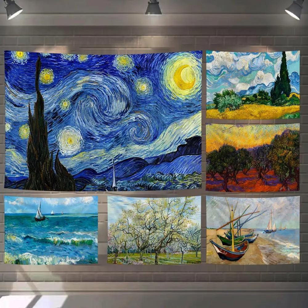Van G-Gogh Art Paintings Tapestry Custom Living Bedroom Party Dormitory Interior Wall Bohemian Decoration Attached Clip
