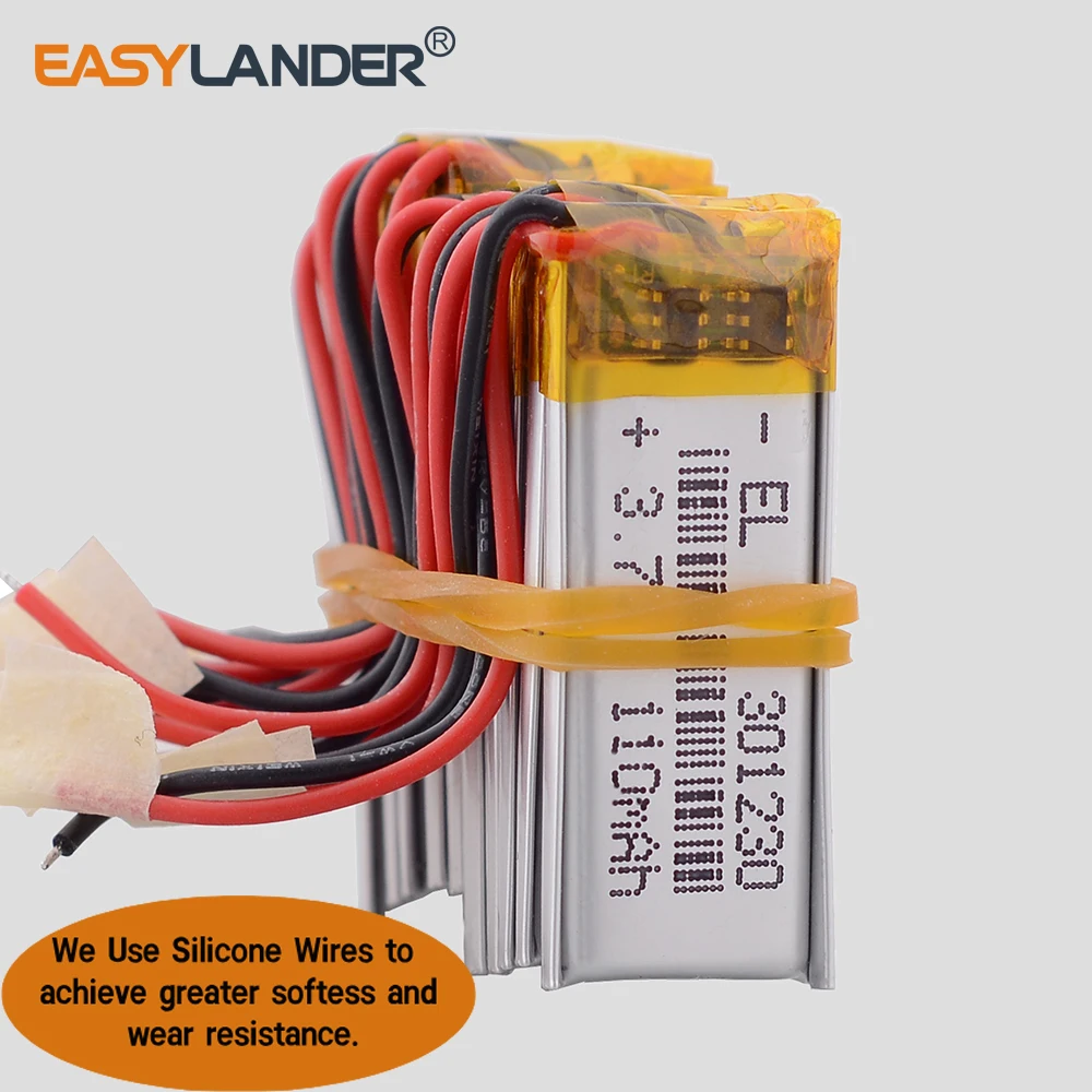 10Pcs/Lot Silicone Wires 3.7V 110mAh 301230 Rechargeable Lithium Li-ion Polymer Battery Lipo Batteries