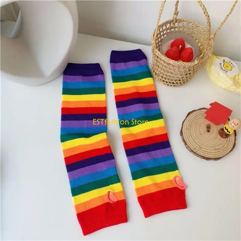 Y5gc Frauen Harajuku Ellbogenlänge Fingerlose Armhülle wärmer Regenbogenfarbe gestreiftes Strick Sonnenschutz Halloween