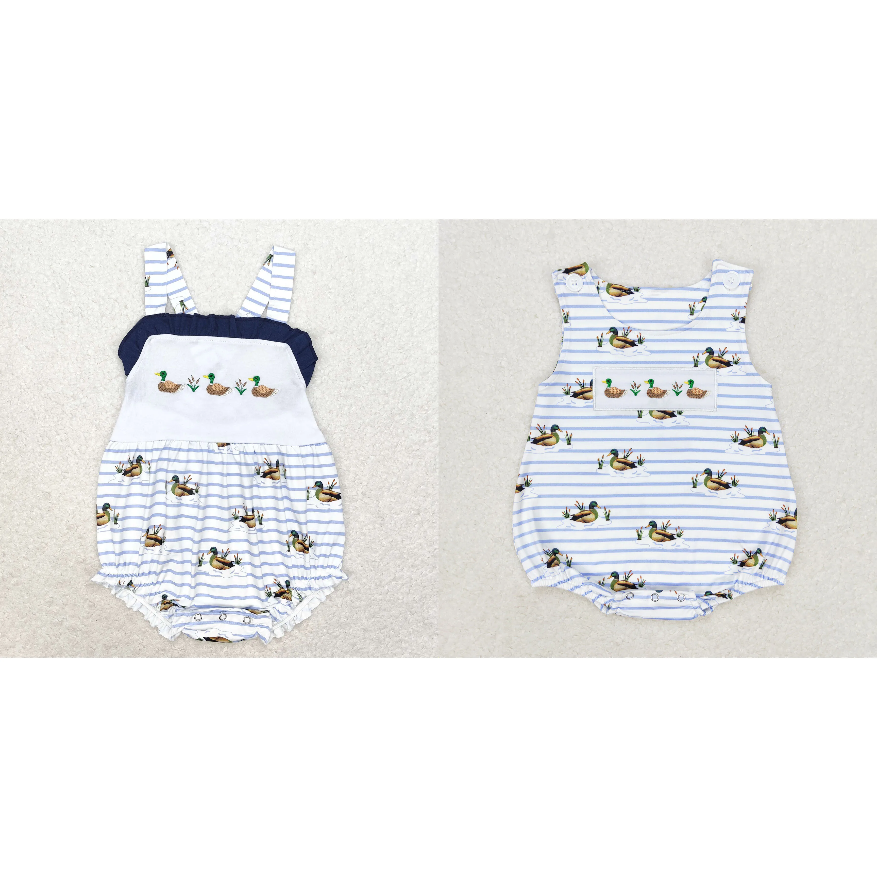 Wholesale Kids Baby Boy Girl Embroidery Ducks Jumpsuit Newborn Coverall Romper Toddler Sleeveless Bodysuit Beige One-piece