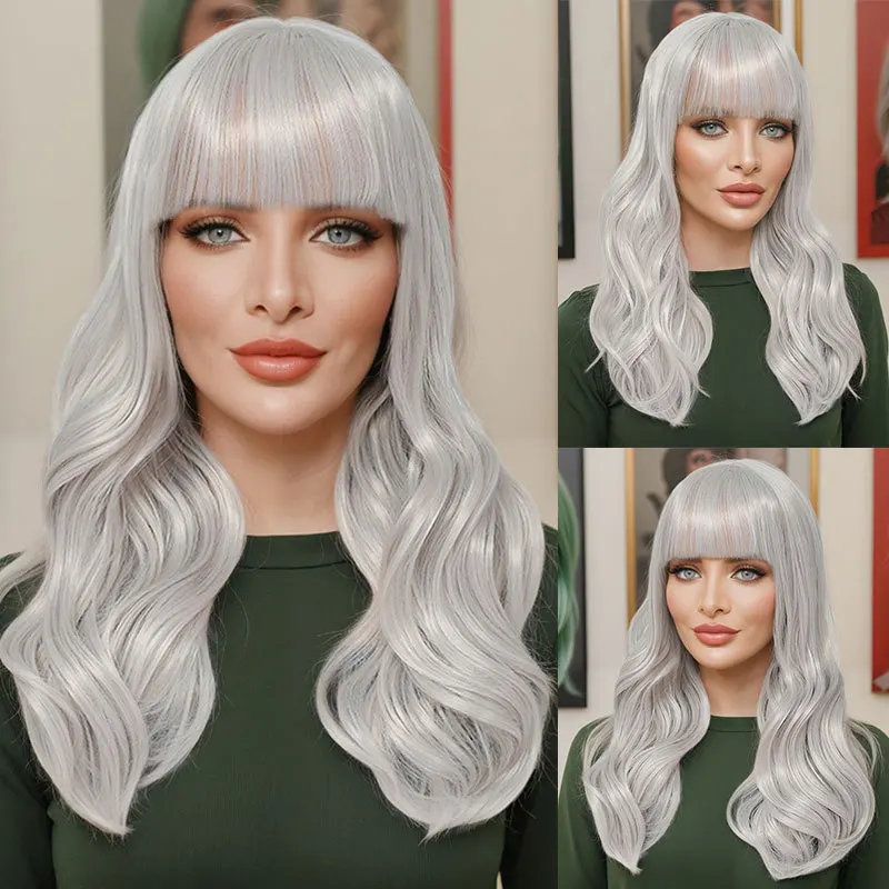 European and American fashion big wave medium long rolled smoke gray bangs wig full head cover