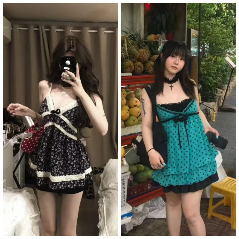 Harajuku Retro Süßes Gothic Spaghetti-Träger-Minikleid Y2K Japanischer Blütenknospen-Print Slim Fit Ästhetisches Teenager-Damen-Party-Outfit