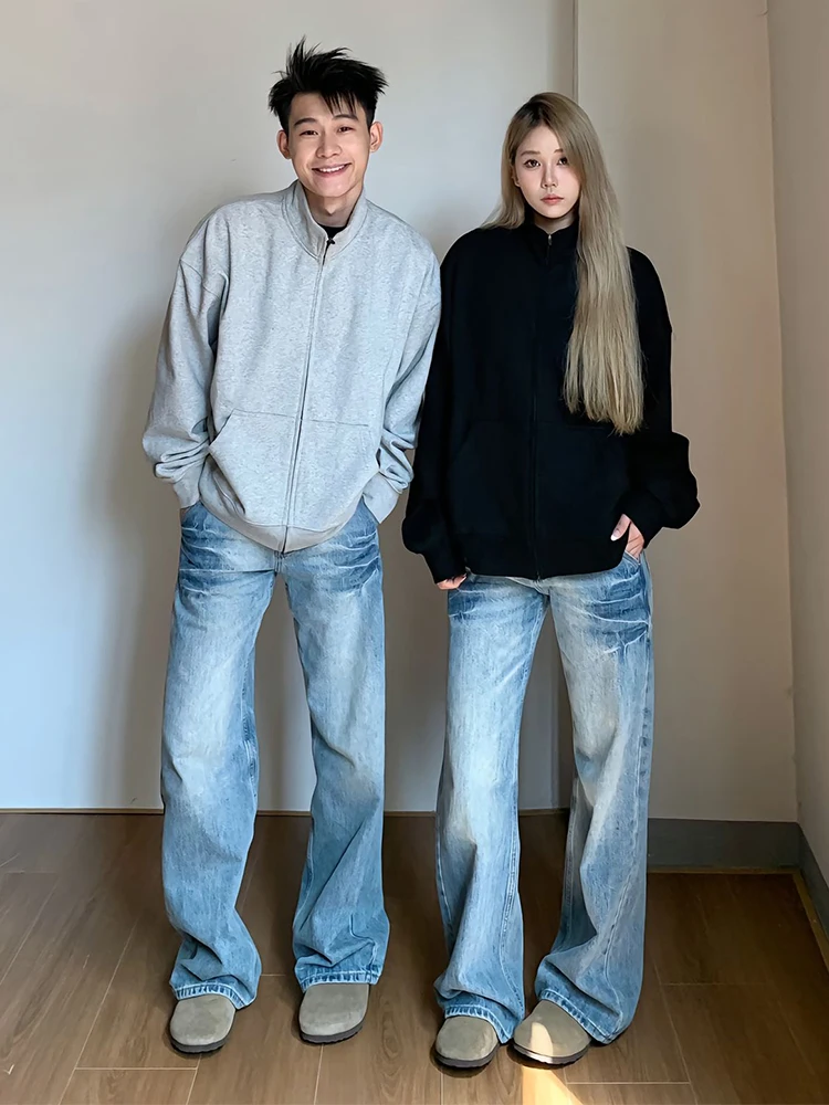 

Light Blue Washed Men's Jeans Spring Autumn Winter Straight Leg Micro Flare Knife Pants Casual Loose Fit Jeans
