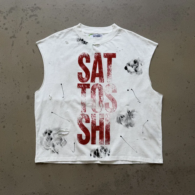 Vintage Worn Ripped Cutoff Vest Unique Black Ink Splash Mark Streetwear SATOSHI NAKAMOTO Sleeveless Tops Man