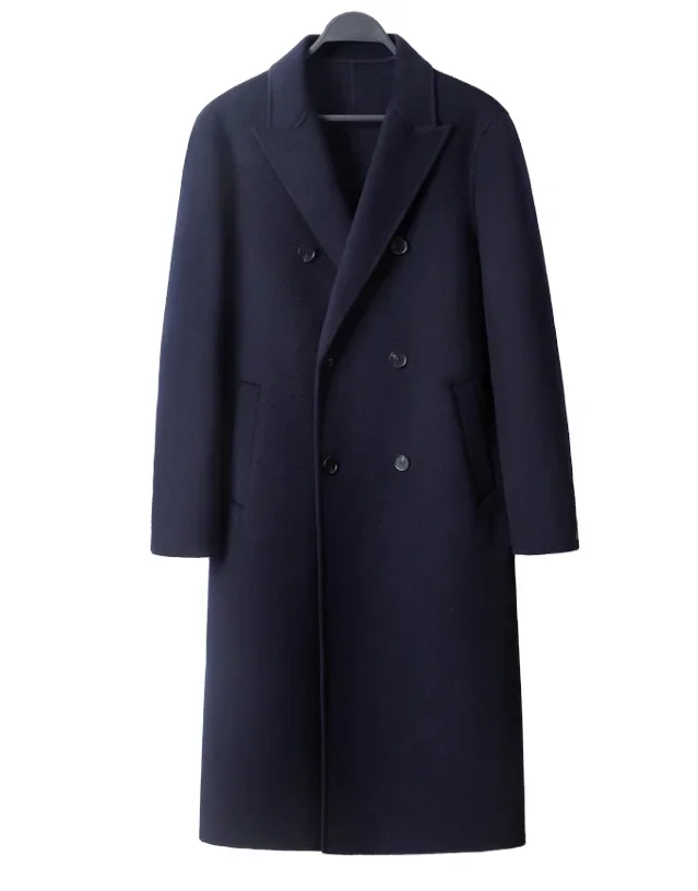 Thickened double-faced cashmere coat for men knee-cross lengthened youth large wool coat