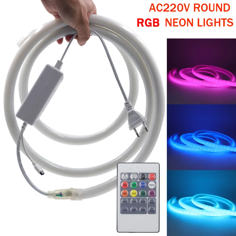 

220V Round LED Neon Strip Light with EU Plug 360 Degree RGB 5050 Flexible Neon Rope Tape IP67 Waterproof for Garden Lighting