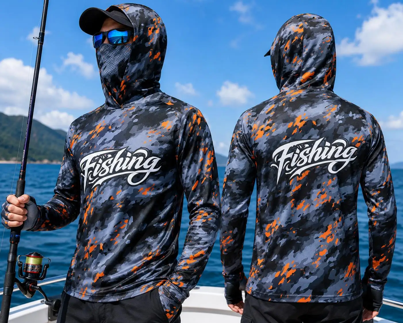 Men Sun Protection Fishing Hoodie With Face Mask Orange Grey Camo Quick Dry Anti‑UV Boating Outdoor Long Sleeve Sport Shirt