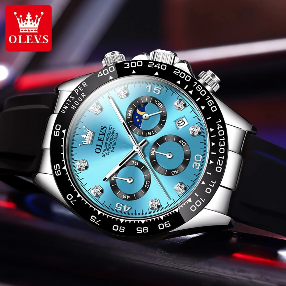 OLEVS 2875 Men's Watch Original Sports Waterproof Luminous Date Moon Phase Timing Code Silicone Band Quartz Wristwatch for Man