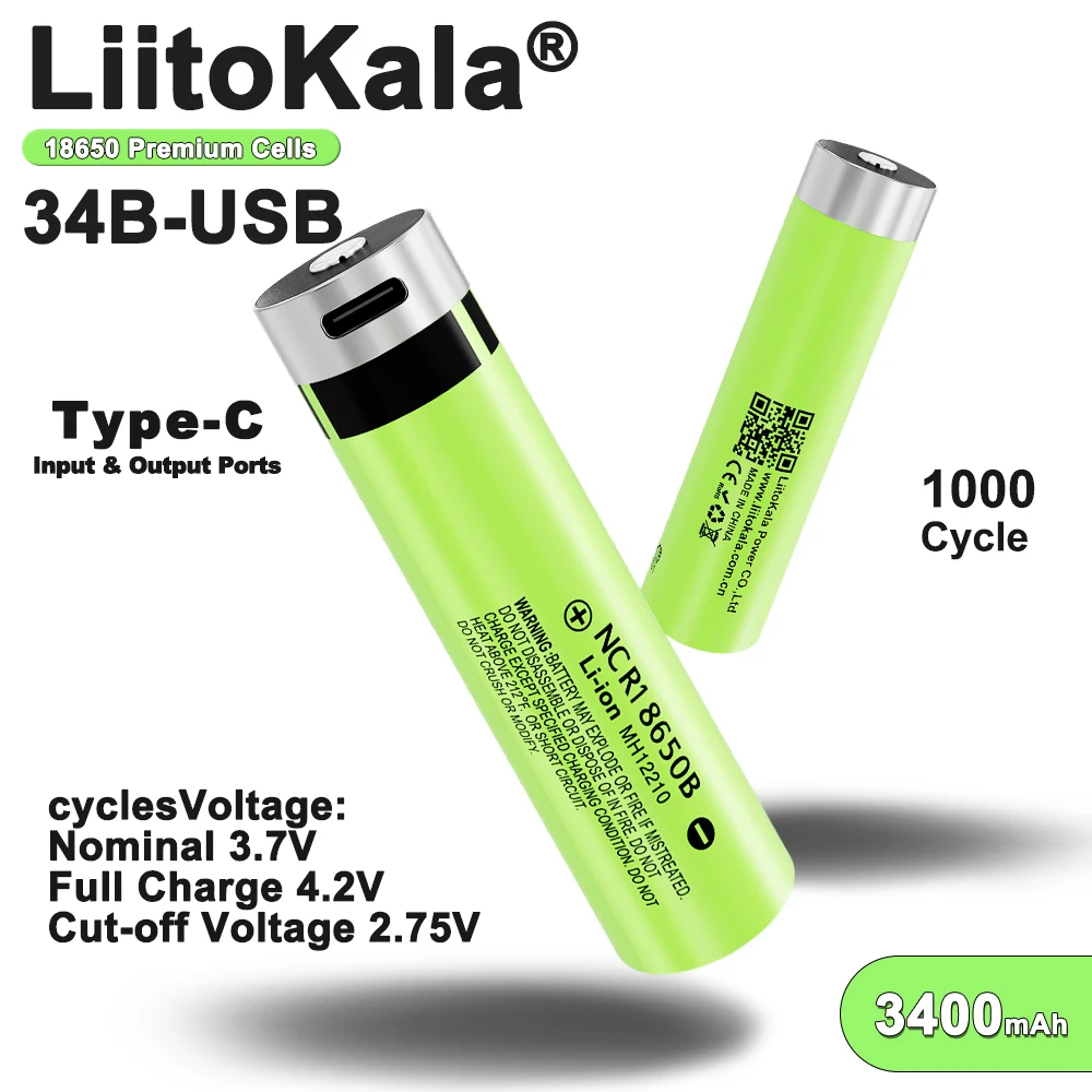 LiitoKala USB-34B Typ-C 18650 3,7V 3400mAh USB Wiederaufladbare Li-Ionen-Batterie für Taschenlampe Elektrische Maus Spielzeugbatterie