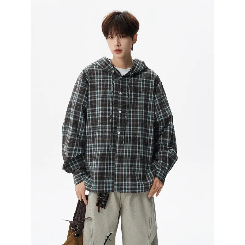 

Retro American Streetwear Men's Oversized Hooded Plaid Shirt Flannel Long Sleeve Shirt Multiple Colors Hooded Shirt