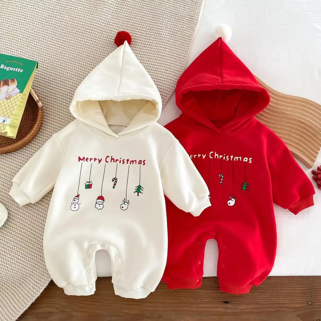 

Newborns Cute Baby Christmas Costume Hooded Red Santa Hat Rompers For Toddler Infant Fashion Jumpsuit Xmas Party New Year Outfit