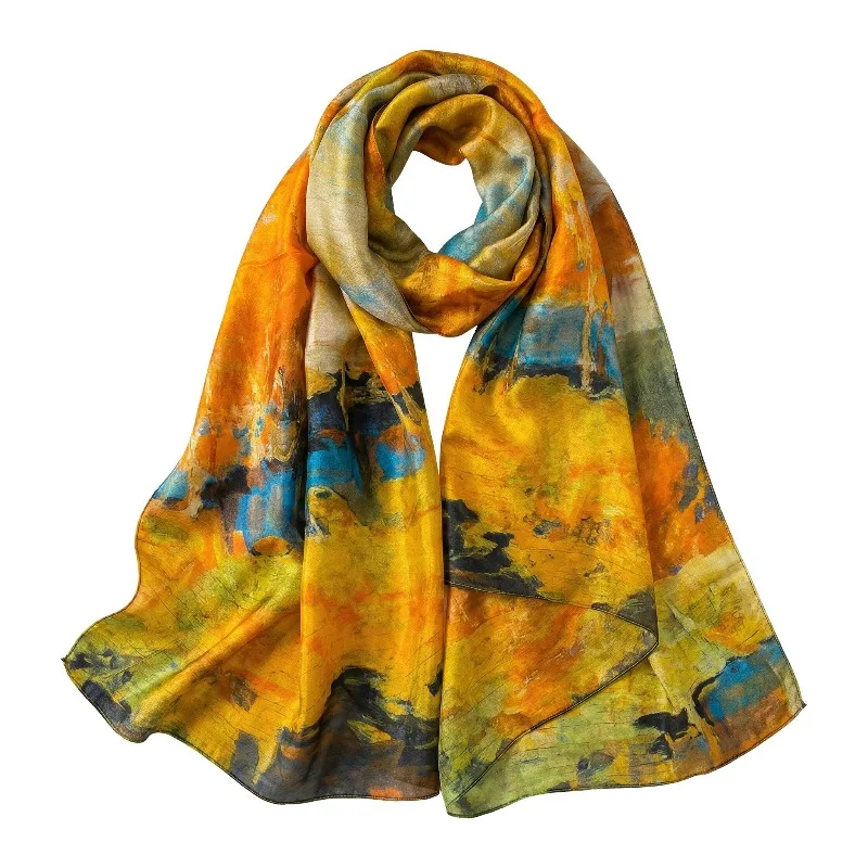 

Lightweight 100% Mulberry Silk Scarf for Women Oblong Shawl Neck Scarf Beach Wrap Headscarf Gift Pack Orange Landscape Print