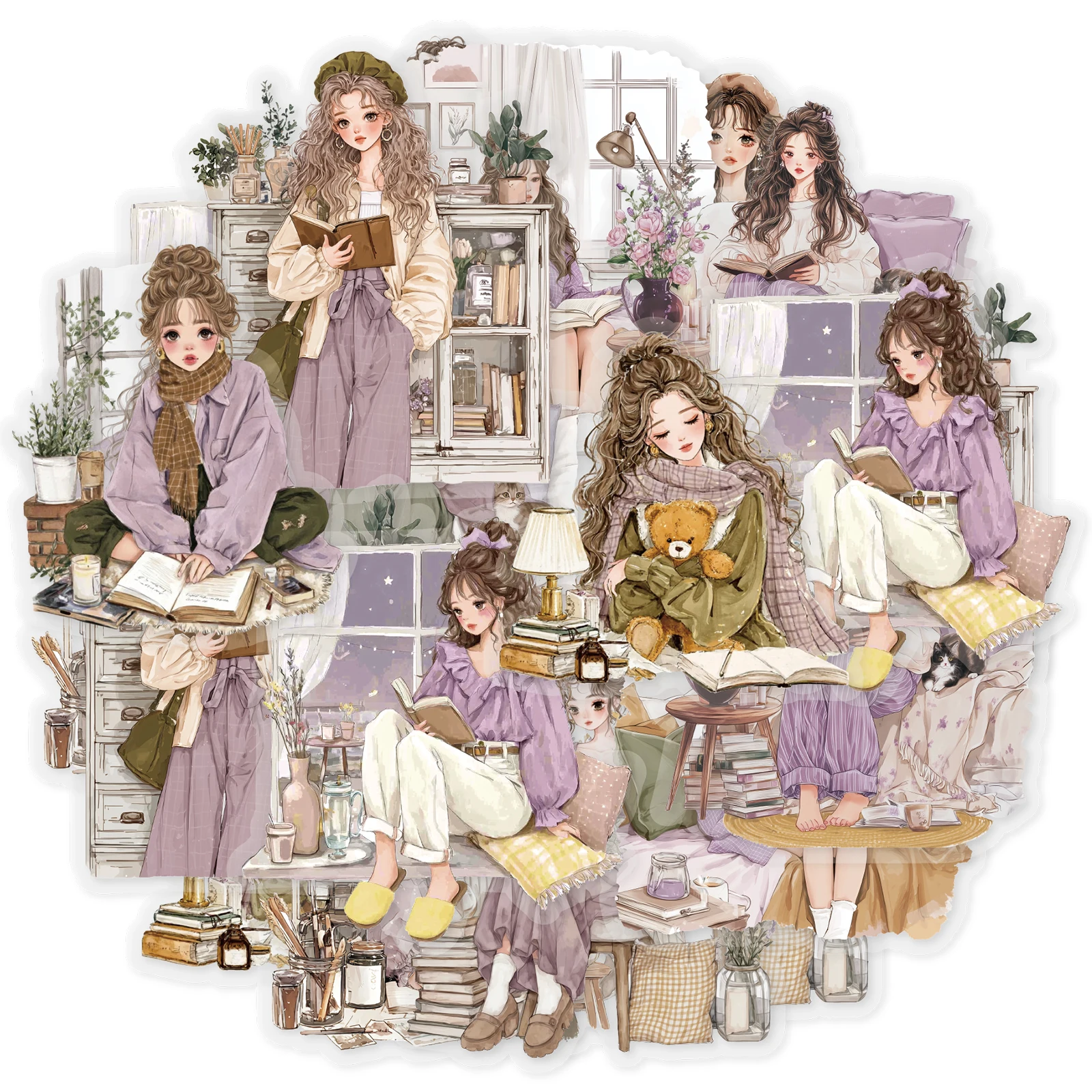 Etori Life Book Scroll Wenlan Belle fille temps de lecture motif autocollants pour animaux de compagnie fournitures de scrapbooking, livres, cahiers, autocollants de téléphone, décoration de pièce, sacs en papier cadeaux pour enfants, décoration de papeterie pour étudiants, autocollants de jouets