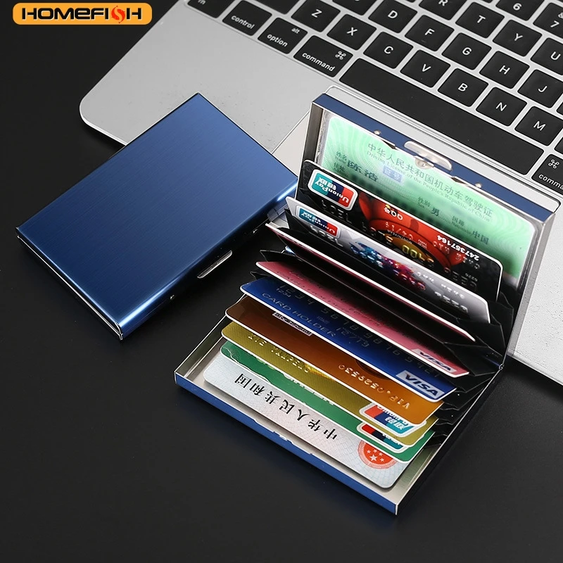 HOMEFISH RFID Blocking Stainless Steel Business Card Holder - Slim Metal ID Card Case with 6 Slots