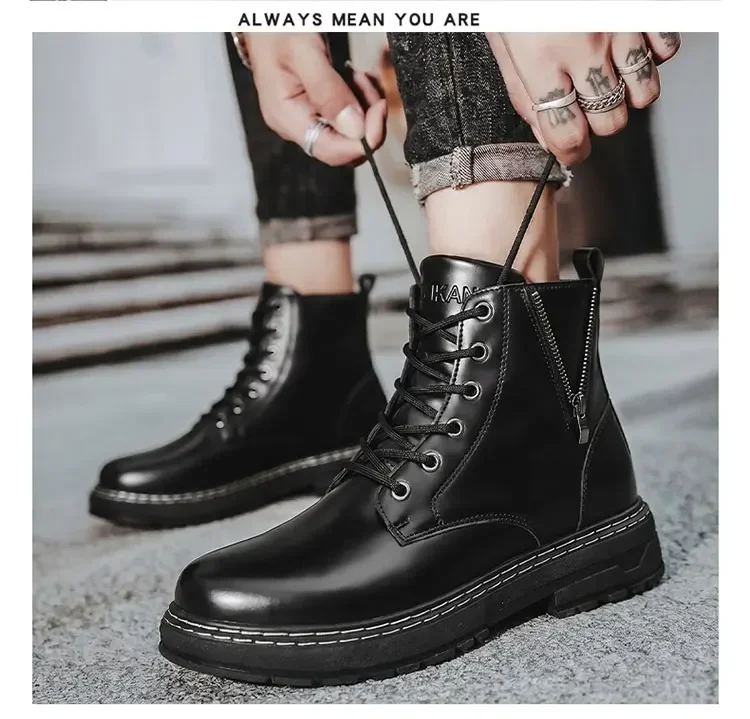 Herren High-Top-Stiefeletten, seitlicher Reißverschluss, dicke Sohle, rutschfeste Kunstlederstiefel, Freizeitschuhe für den täglichen Pendelverkehr und Spaziergänge auf der Straße. – Detail 12