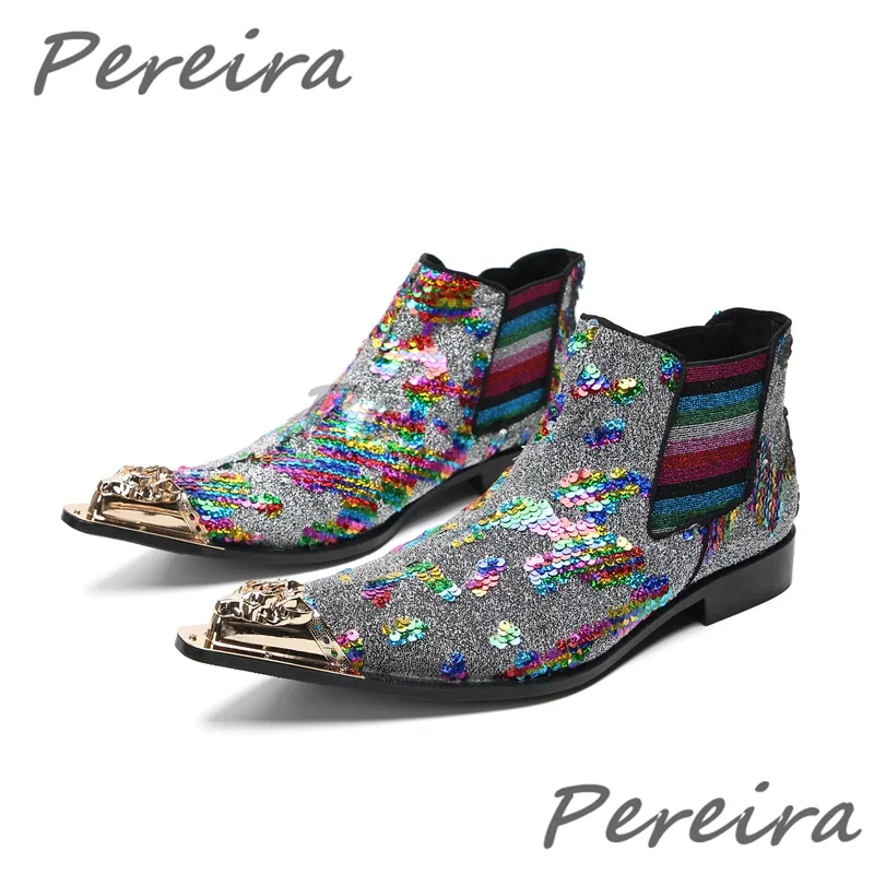 

Bling Bling Men Ankle Boots Wedding Dress Shoes Luxury Shiny Metal Pointy Toe Slip-On Chelsea Boots Fashion Party Club Prom Shoe