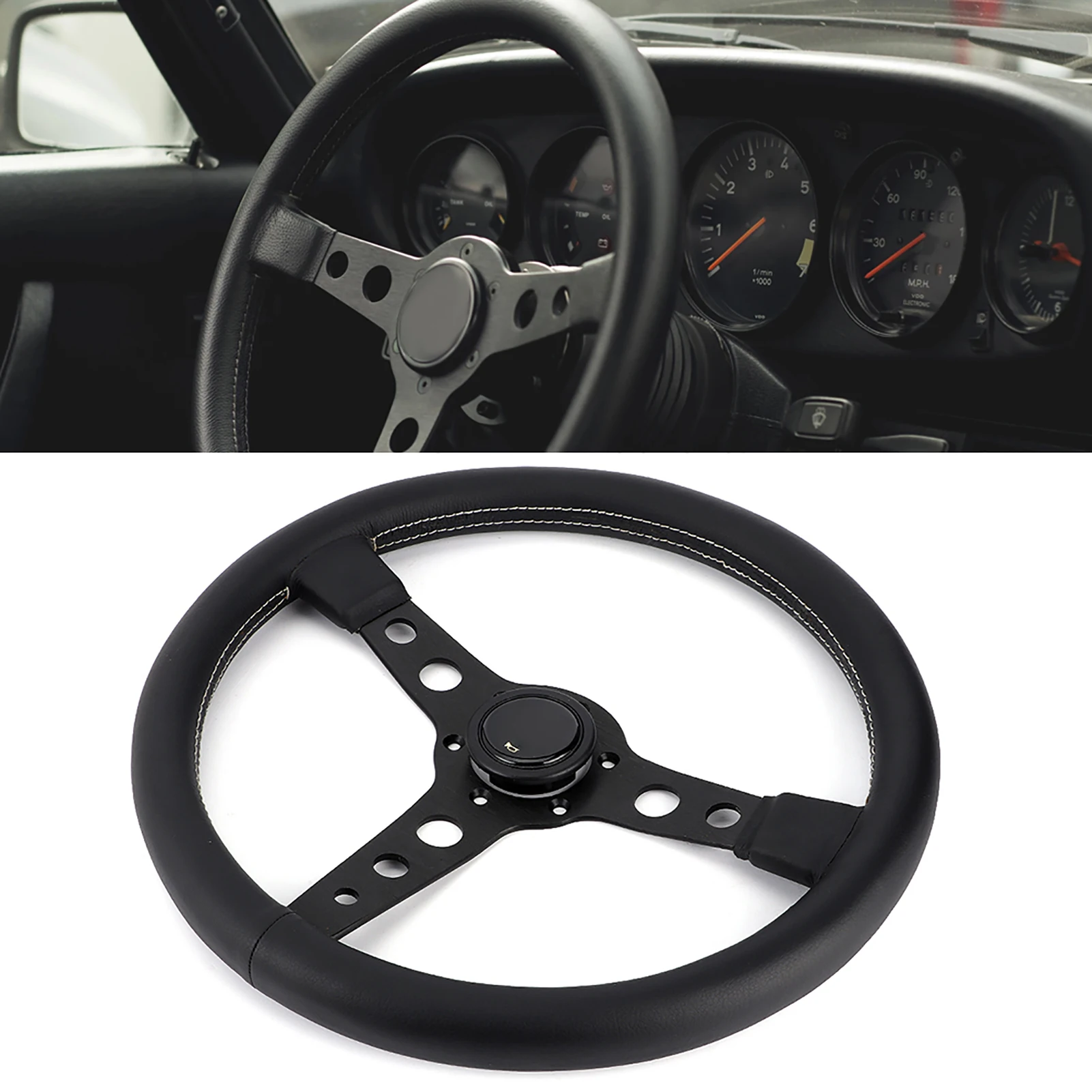 

350mm/14in for Prototipo 6‑Bolt Black Leather Racing Steering Wheel Gray Stitching with Horn Button Steering Wheel