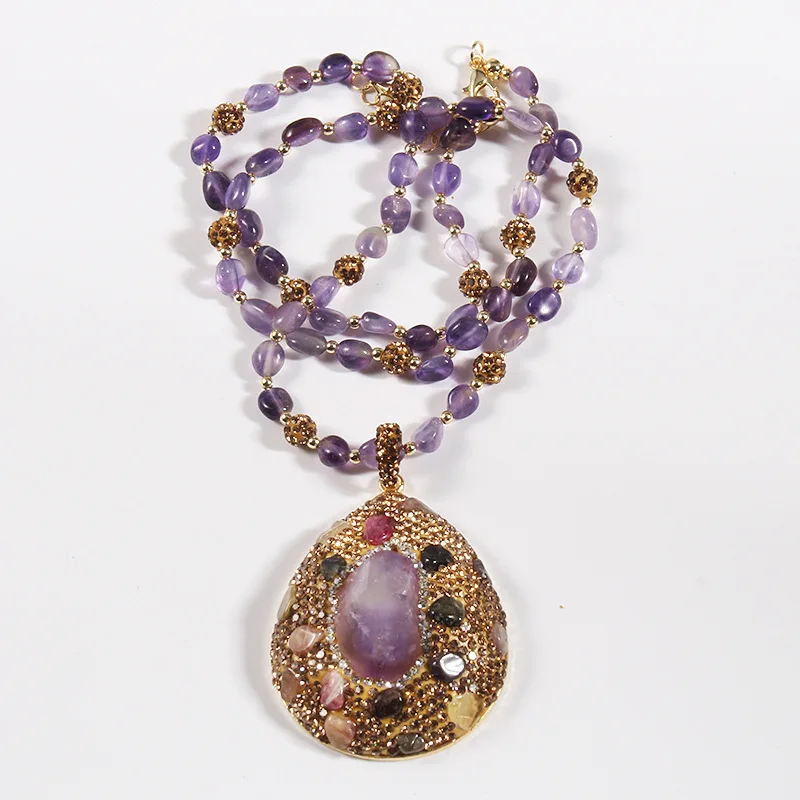 Fashion Magnificent Semi Precious Bohemian Jewelry Purple Stone and Crystal Amethyst Water Drop Necklace