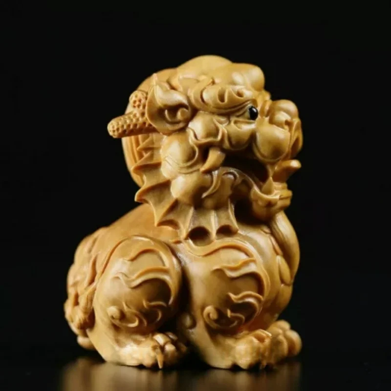 China Boxwood Hand-carving Fengshui Auspicious Beast Kylin Qilin Unicorn Statue