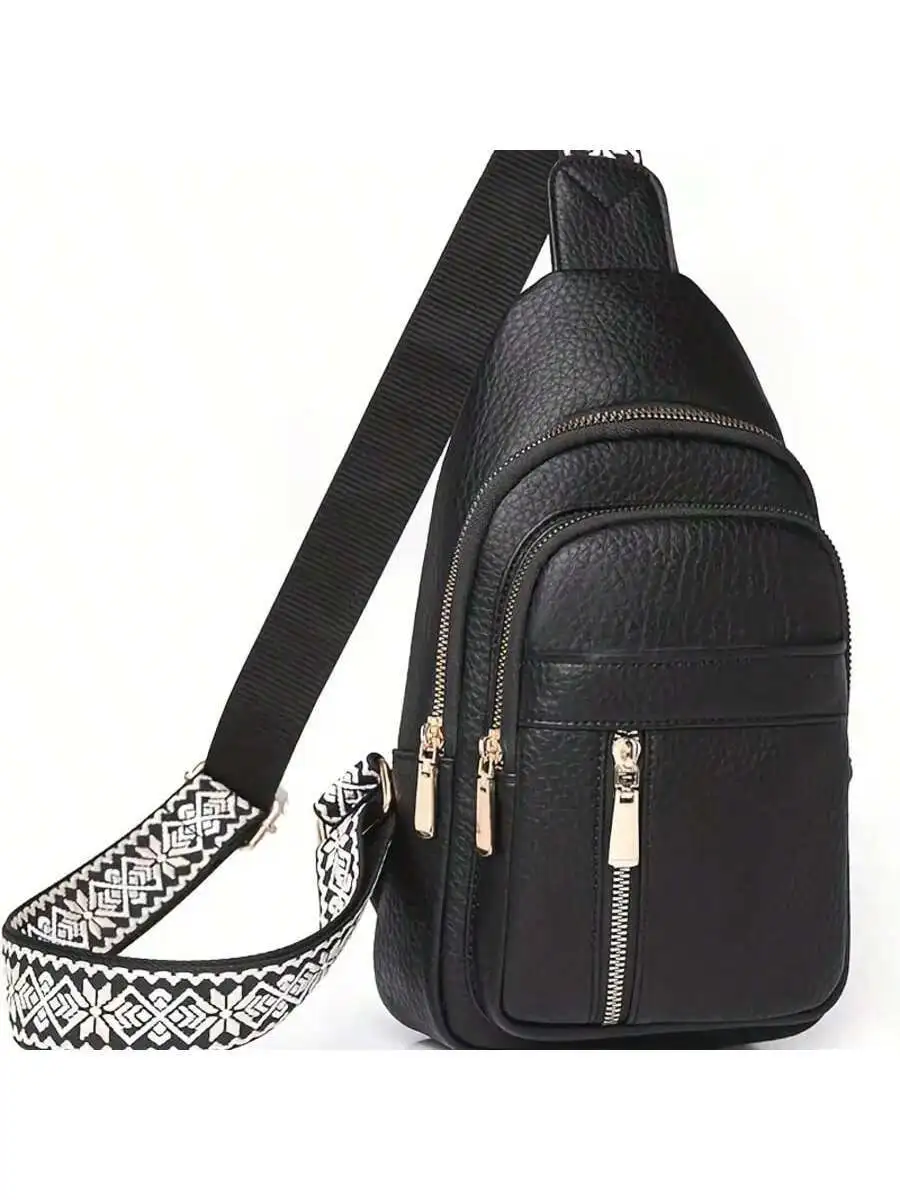 

Womens PU Crossbody Bag With Patterned Strap Multi Pocket Casual Sling Bag