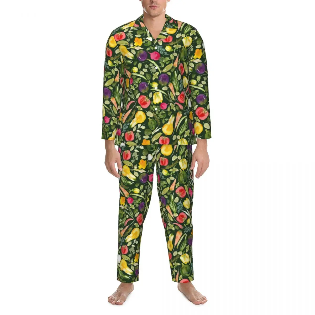 Pajamas Male Watercolor Vegetarian Daily Nightwear Vegetable Lover Two Piece Vintage Pajama Sets Long Sleeve Oversized Home Suit