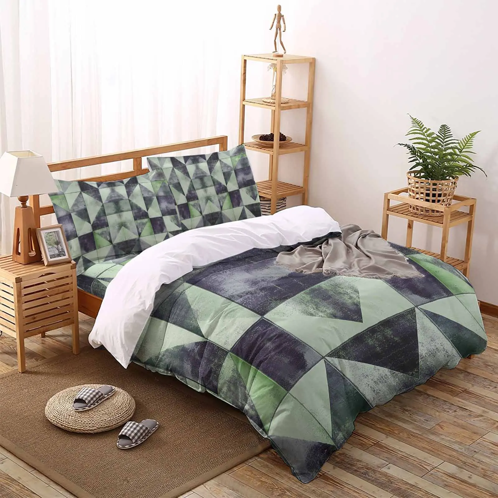

Modernism Green Triangle Color Block Comfortable Household Goods Bedroom Bed Luxury Duvet Cover 2/3/4 Pieces