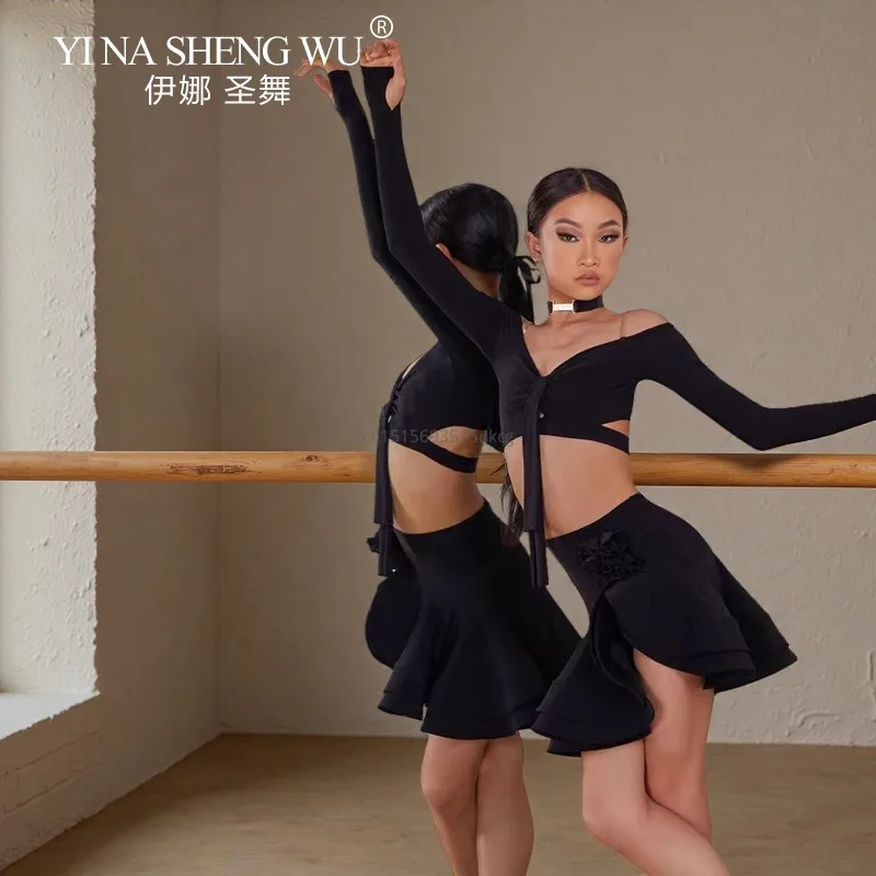 

Короткий топ с юбкой и длинными рукавами для девочек, новая юбка для латинских танцев, костюмы для соревнований ча-ча-самба, бордовое черное платье