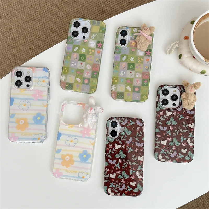 

Korean Ins Cute Flower Phone Case For iPhone 17 Pro 15 14 16 Pro Max Cover with 3D Plush Rabbit Cartoon Protective Cases Capa