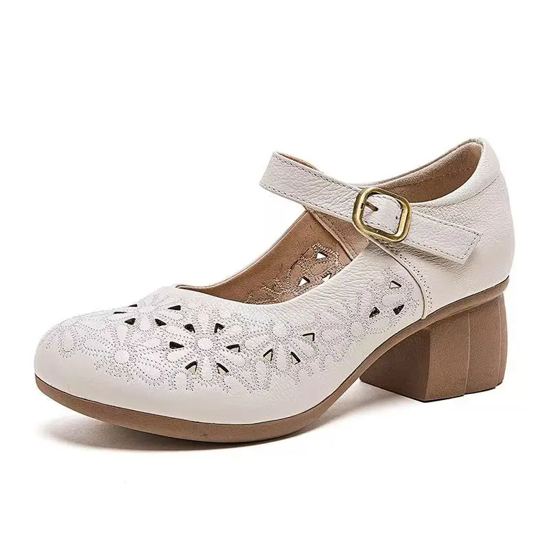 Women Genuine Leather Hollow Out Block Heel Shoes Spring Summer New Soft Sole Round Toe Velcro Cave Sandals Casual Nude Shoes