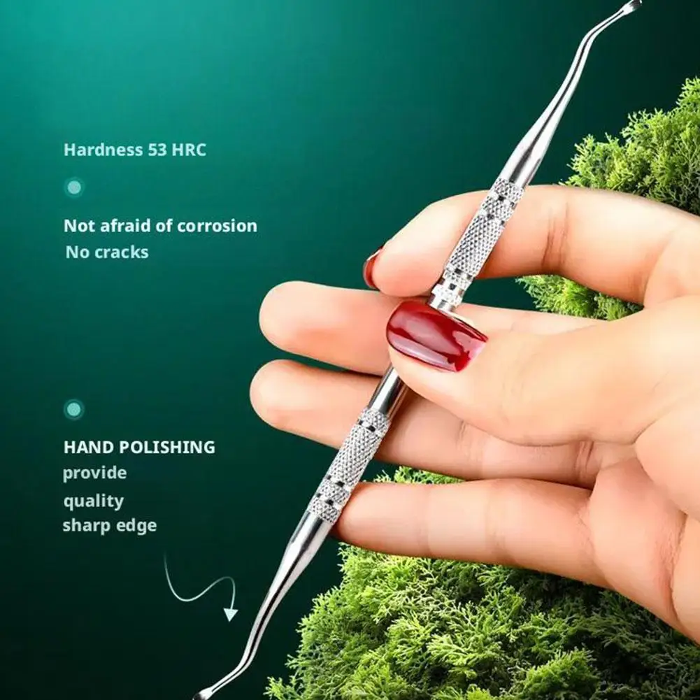 Uñas de doble punta, cabezal biselado circular, empujador de cutículas, palos para uñas, removedor de manicura, herramienta de limas de acero inoxidable D8D3